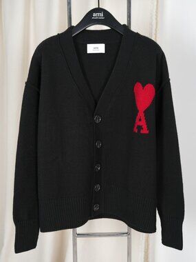 Ami Paris Red Heart Logo Black V‑Neck Knit Cardigan